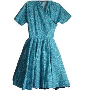 Teal Blue Green Geometric Design Print Square Dance Dress Costume Handmade
